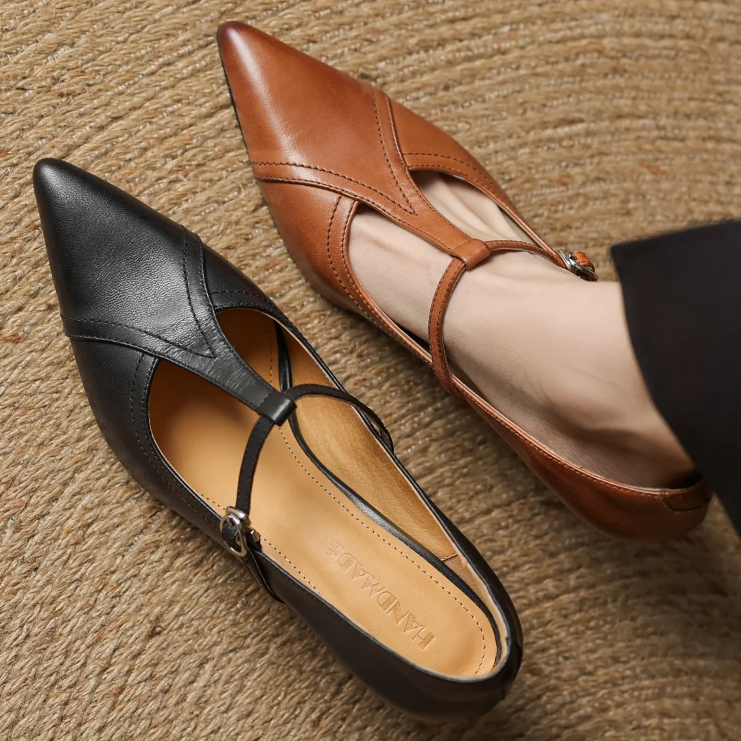 Women's cow leather metal buckle t-strap pointed toe slip-on pumps elegant ladies slim daily dress heeled shoes 2025 spring new