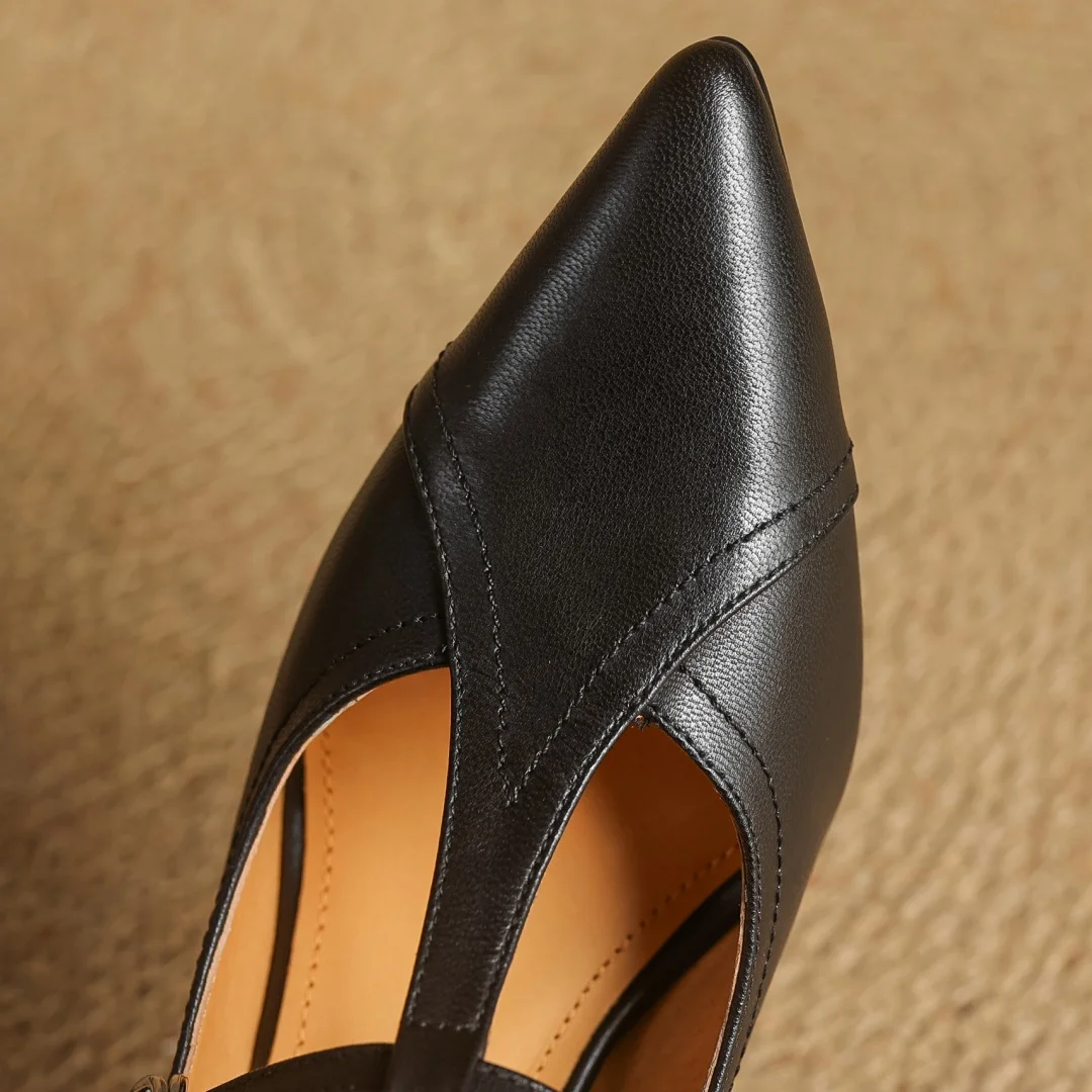Women's cow leather metal buckle t-strap pointed toe slip-on pumps elegant ladies slim daily dress heeled shoes 2025 spring new