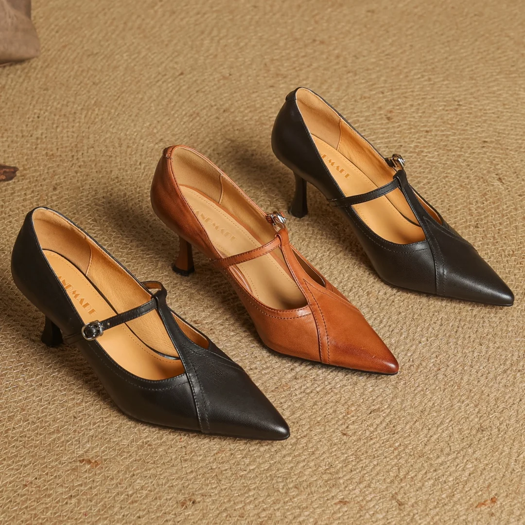 Women's cow leather metal buckle t-strap pointed toe slip-on pumps elegant ladies slim daily dress heeled shoes 2025 spring new