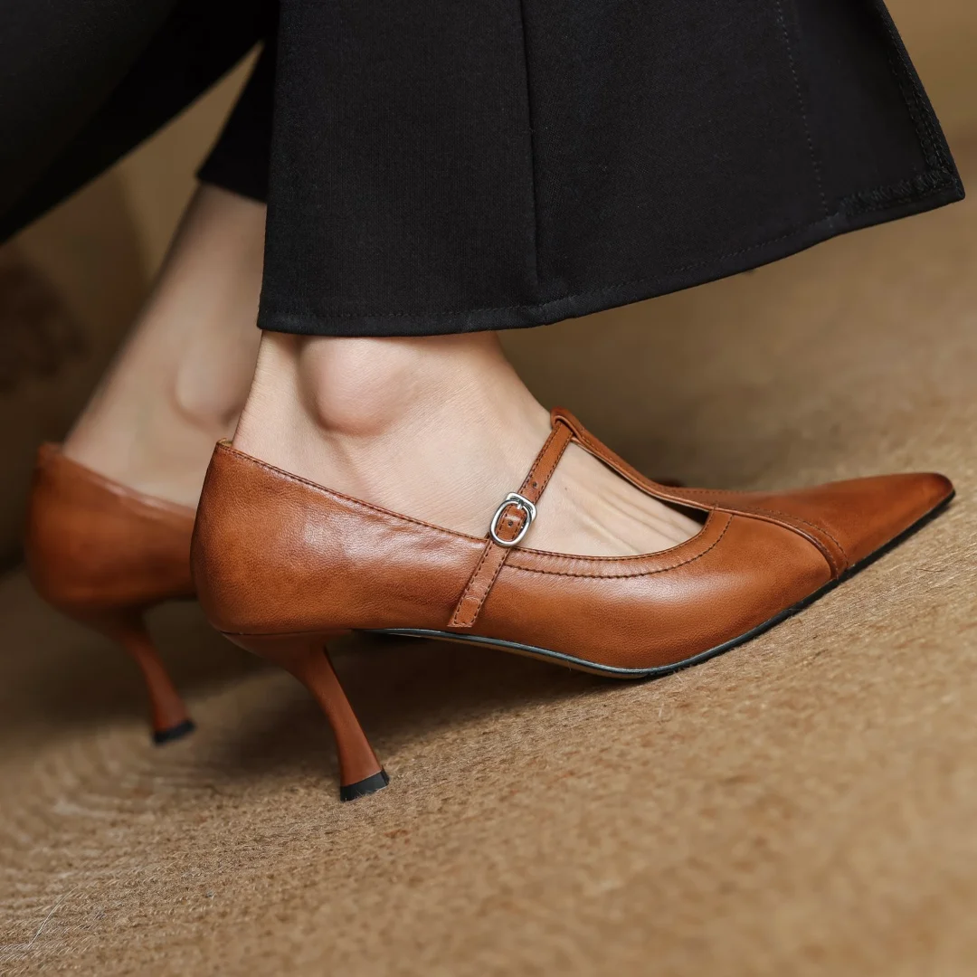 Women's cow leather metal buckle t-strap pointed toe slip-on pumps elegant ladies slim daily dress heeled shoes 2025 spring new
