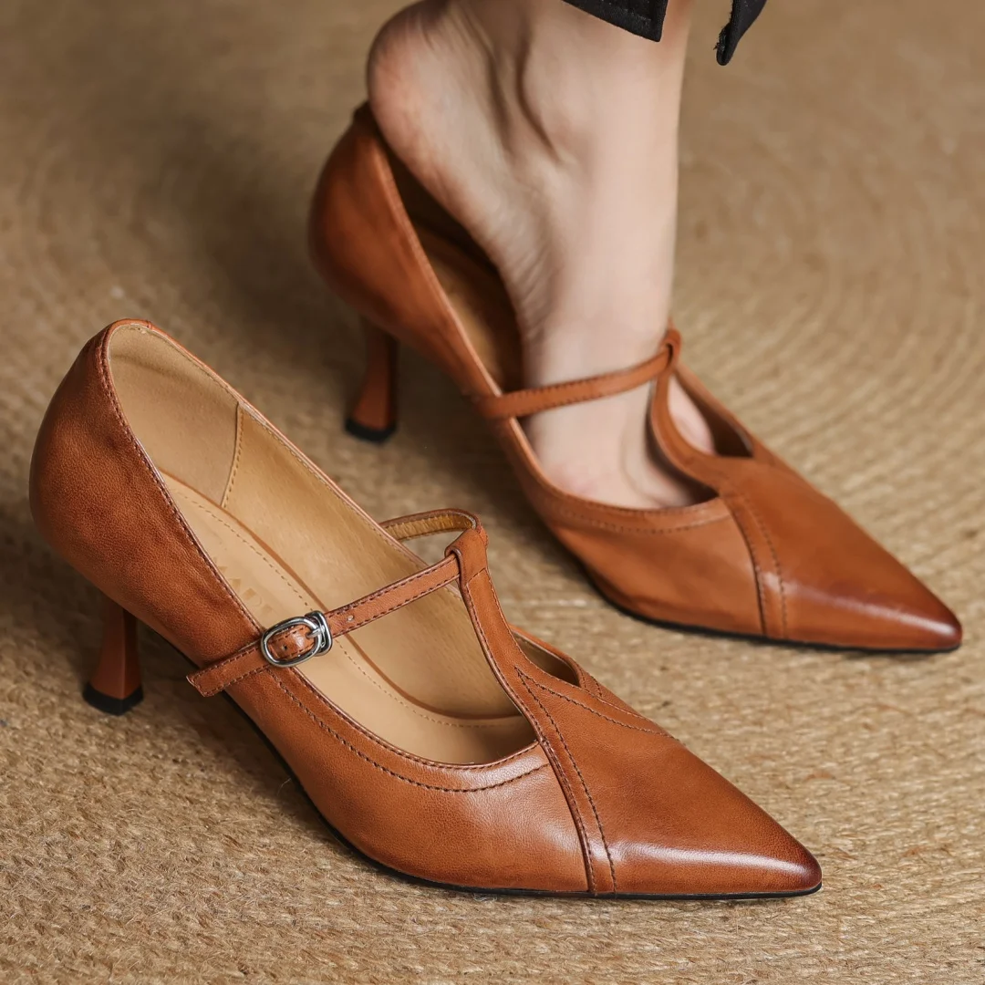 Women's cow leather metal buckle t-strap pointed toe slip-on pumps elegant ladies slim daily dress heeled shoes 2025 spring new
