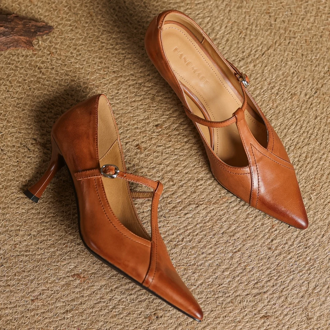 Women's cow leather metal buckle t-strap pointed toe slip-on pumps elegant ladies slim daily dress heeled shoes 2025 spring new