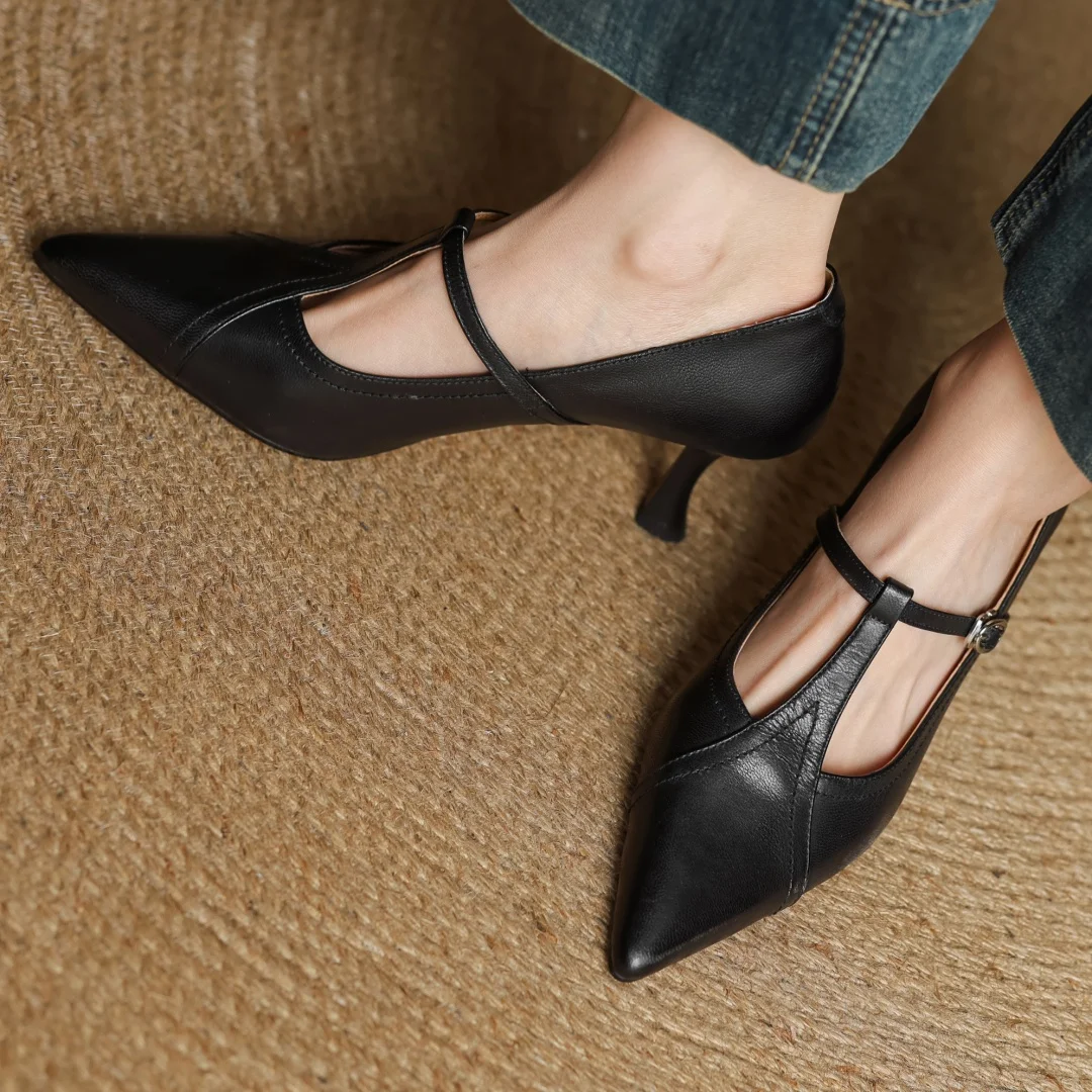Women's cow leather metal buckle t-strap pointed toe slip-on pumps elegant ladies slim daily dress heeled shoes 2025 spring new