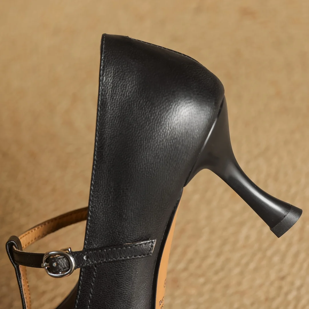 Women's cow leather metal buckle t-strap pointed toe slip-on pumps elegant ladies slim daily dress heeled shoes 2025 spring new