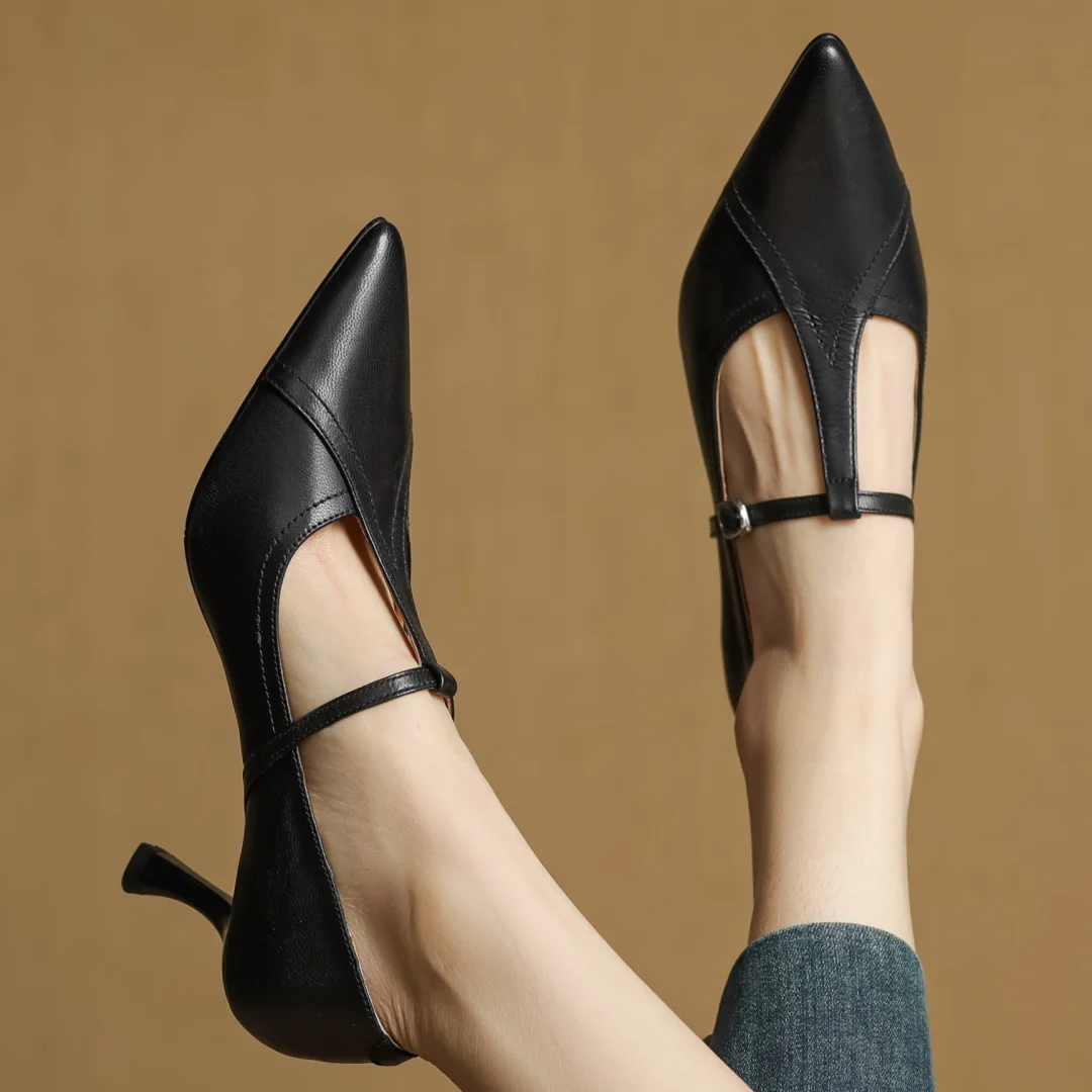 Women's cow leather metal buckle t-strap pointed toe slip-on pumps elegant ladies slim daily dress heeled shoes 2025 spring new