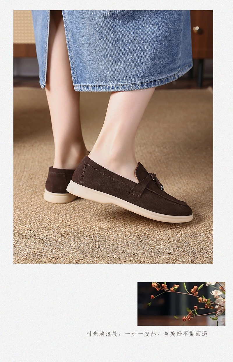 Premium Women's Top Grain Suede Leather Penny Loafers, Slip On Non-Slip Flat Driving Shoes with Metal Buckle Detail for Business
