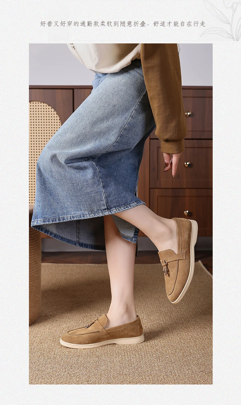 Premium Women's Top Grain Suede Leather Penny Loafers, Slip On Non-Slip Flat Driving Shoes with Metal Buckle Detail for Business
