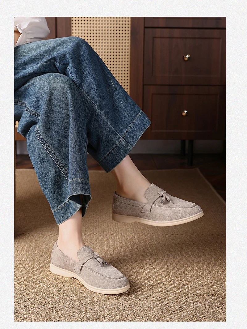 Premium Women's Top Grain Suede Leather Penny Loafers, Slip On Non-Slip Flat Driving Shoes with Metal Buckle Detail for Business