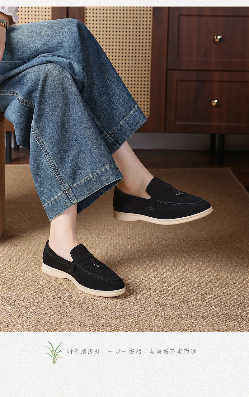 Premium Women's Top Grain Suede Leather Penny Loafers, Slip On Non-Slip Flat Driving Shoes with Metal Buckle Detail for Business