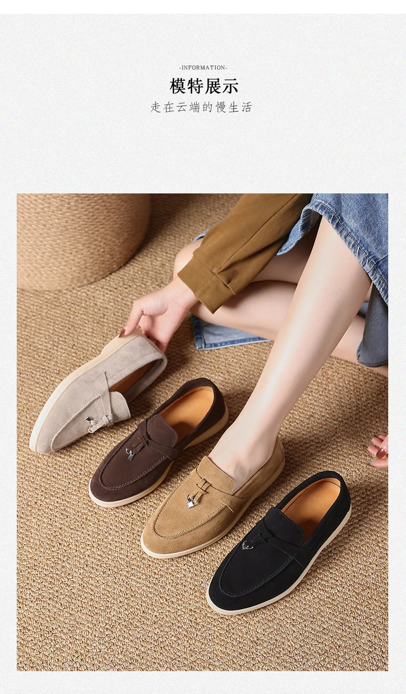 Premium Women's Top Grain Suede Leather Penny Loafers, Slip On Non-Slip Flat Driving Shoes with Metal Buckle Detail for Business