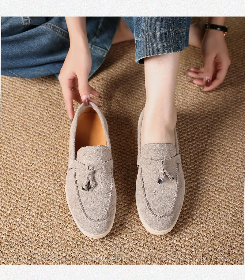 Premium Women's Top Grain Suede Leather Penny Loafers, Slip On Non-Slip Flat Driving Shoes with Metal Buckle Detail for Business