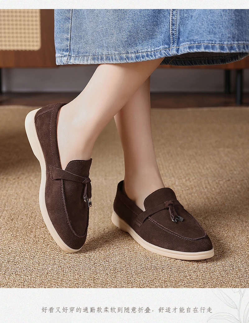 Premium Women's Top Grain Suede Leather Penny Loafers, Slip On Non-Slip Flat Driving Shoes with Metal Buckle Detail for Business