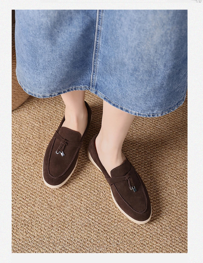 Premium Women's Top Grain Suede Leather Penny Loafers, Slip On Non-Slip Flat Driving Shoes with Metal Buckle Detail for Business