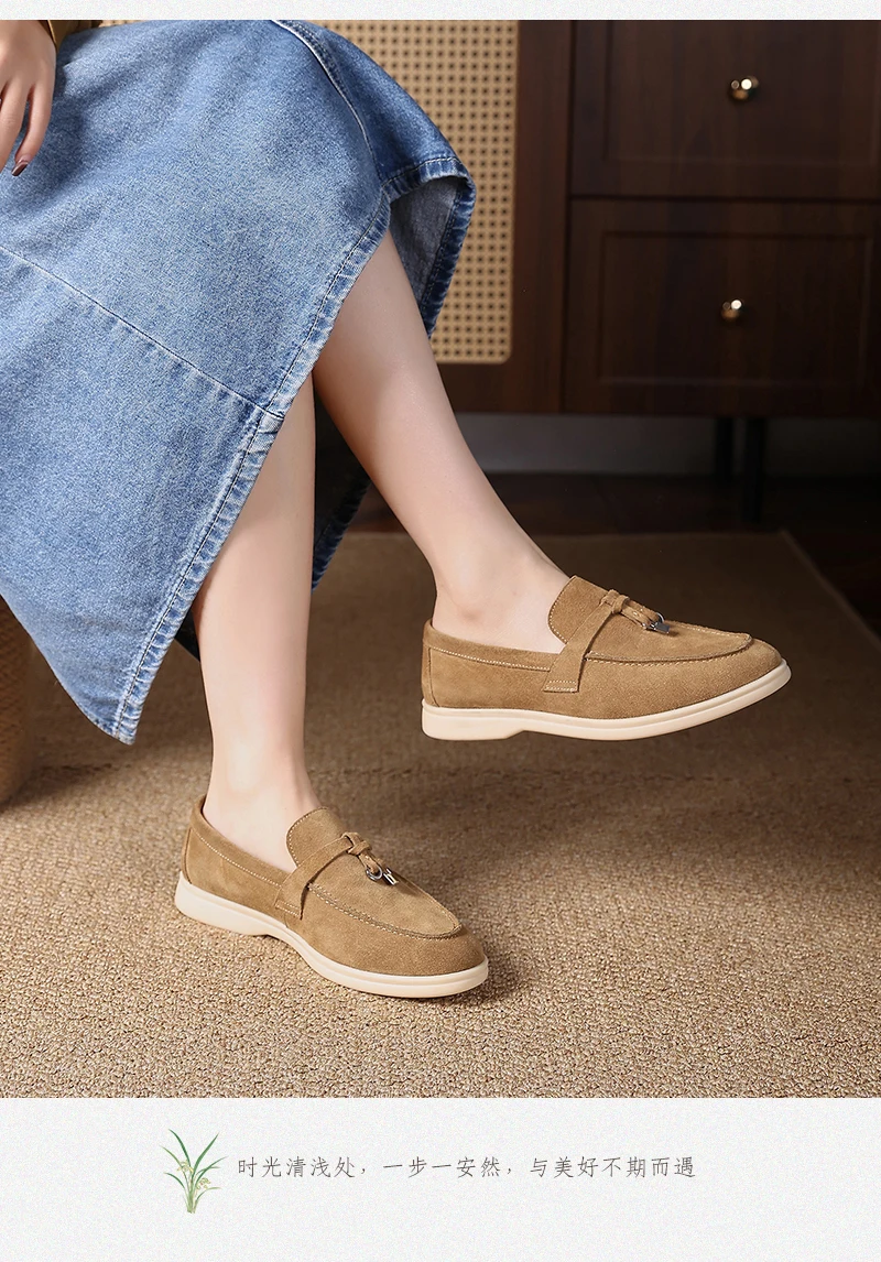 Premium Women's Top Grain Suede Leather Penny Loafers, Slip On Non-Slip Flat Driving Shoes with Metal Buckle Detail for Business