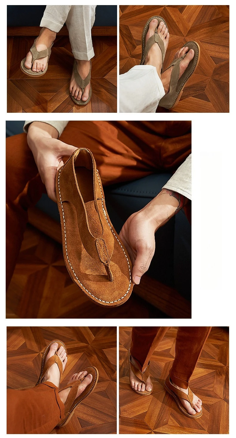 Luxury Cow Suede Mens Sandals Handmade Comfortable Genuine Leather 2026 Summer New Fashion Flip Flops Shoes for Male Size 44