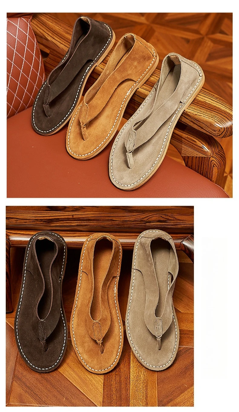 Luxury Cow Suede Mens Sandals Handmade Comfortable Genuine Leather 2026 Summer New Fashion Flip Flops Shoes for Male Size 44