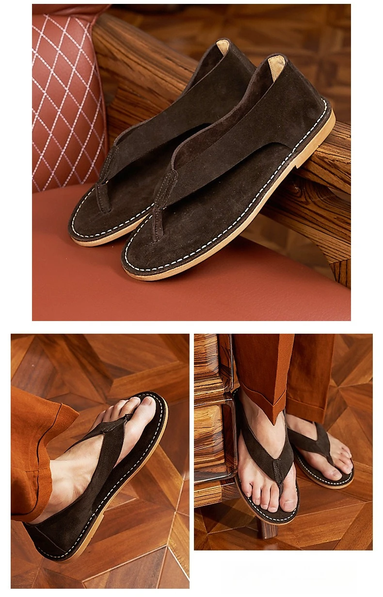 Luxury Cow Suede Mens Sandals Handmade Comfortable Genuine Leather 2026 Summer New Fashion Flip Flops Shoes for Male Size 44