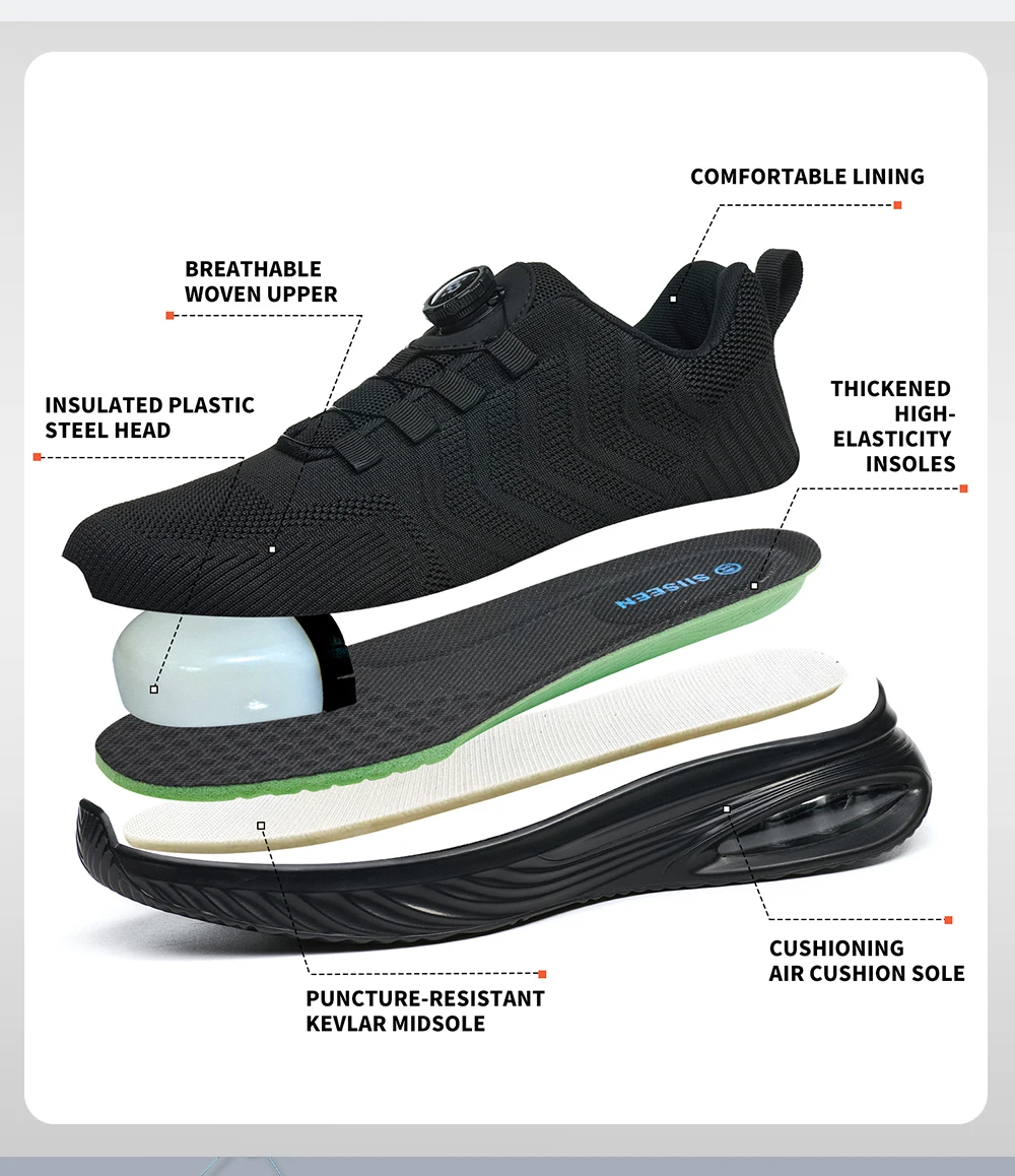 Rotating Button Safety Shoes Men Air Cushion Work Sneakers Steel Toe Shoes Puncture-Proof Security Protection Shoes Work Boots