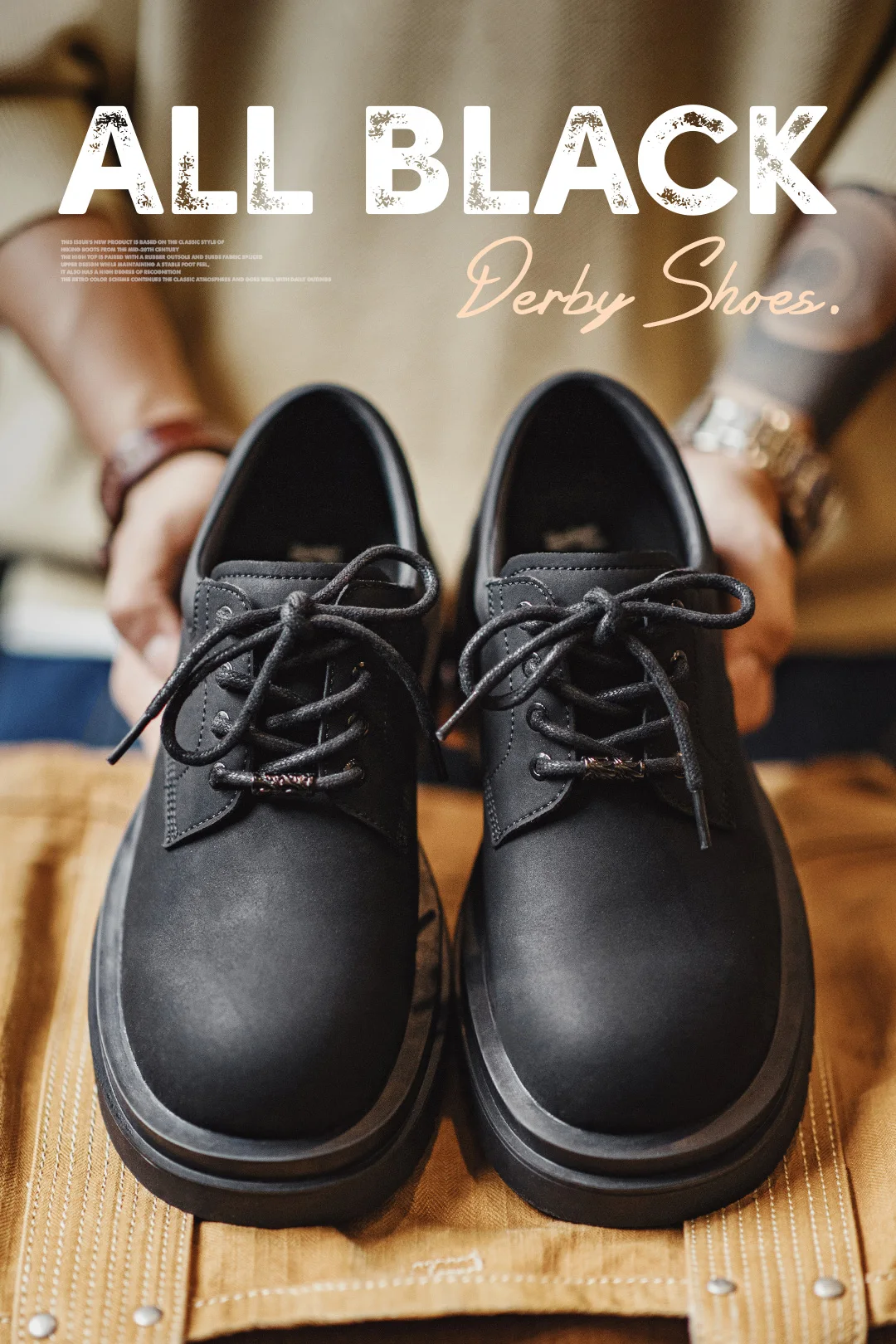 Maden Men's Retro Black Matte Derby Shoes Thick Sole Height Increasing Lace Up Low Top Work Boots Casual Commuting Formal Shoes
