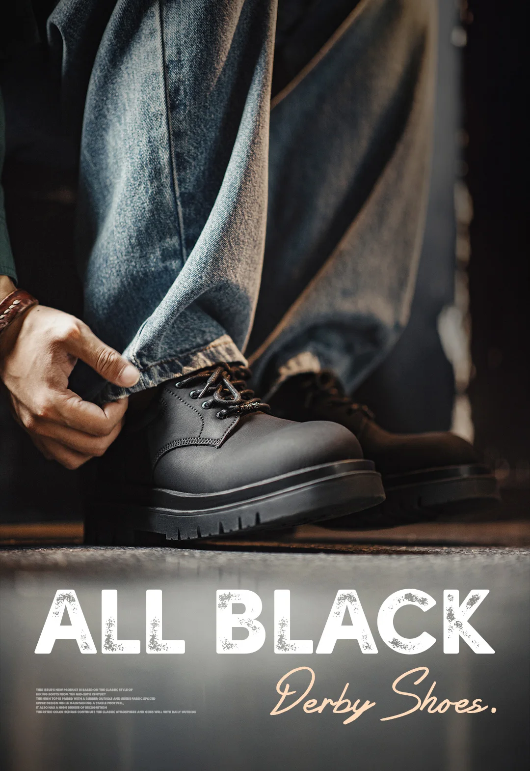 Maden Men's Retro Black Matte Derby Shoes Thick Sole Height Increasing Lace Up Low Top Work Boots Casual Commuting Formal Shoes