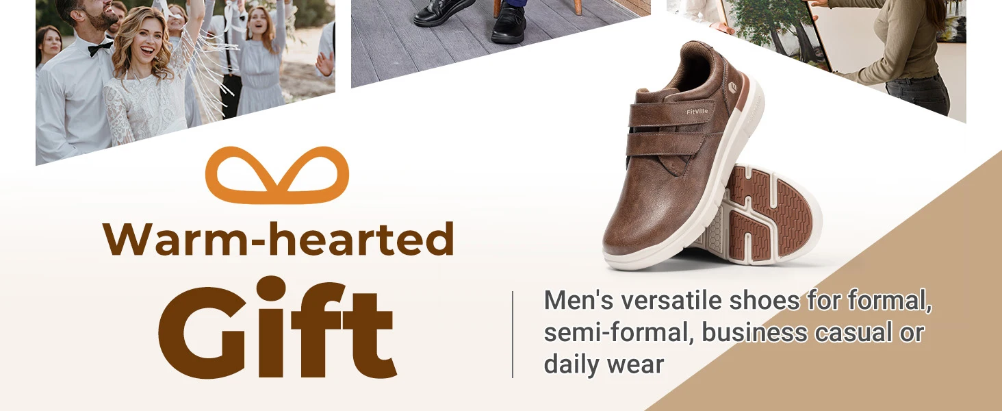 Fitville Men'S Leather Shoes Wide Walking Shoes Water-Repellent Slip On Comfort Casual Dress Sneaker For Diabetic Swollen Feet