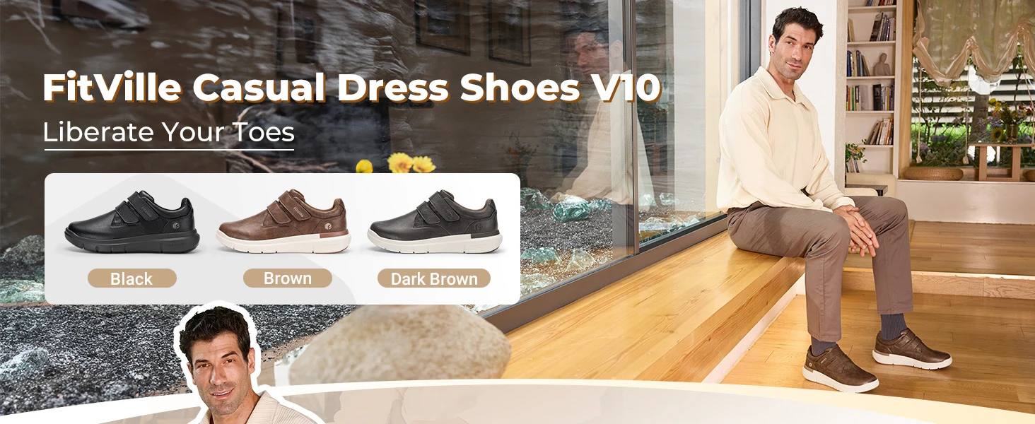 Fitville Men'S Leather Shoes Wide Walking Shoes Water-Repellent Slip On Comfort Casual Dress Sneaker For Diabetic Swollen Feet