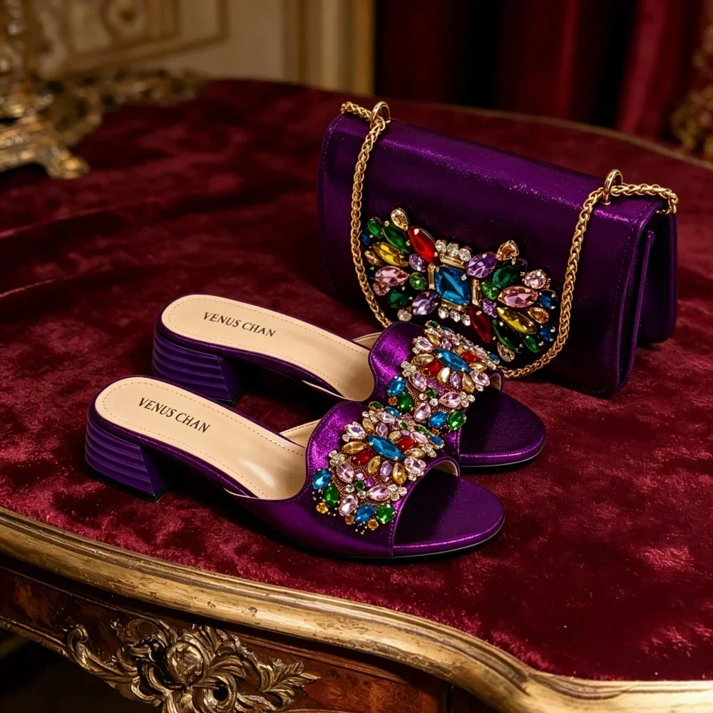 New Elegant 2026 Purple Peep Toe Women Heels with Diamond Accents - Italian Design Matching Pumps and Bag Set for Parties