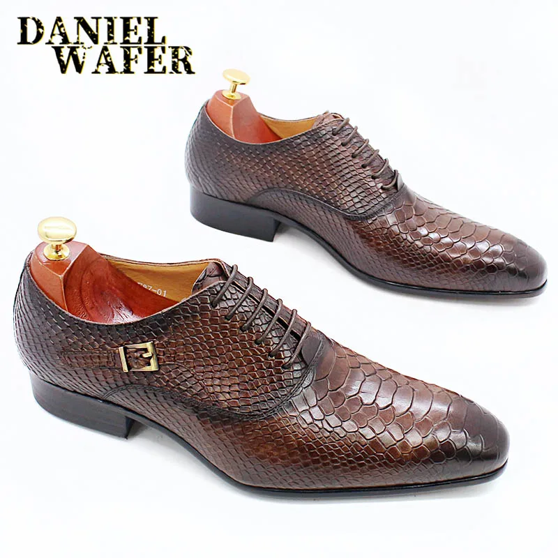 Men's Fashion Dress Leather Shoes Snake Skin Print Classic Lace-Up Oxford Formal in Wine Blue Coffee Black - Pointed Toe