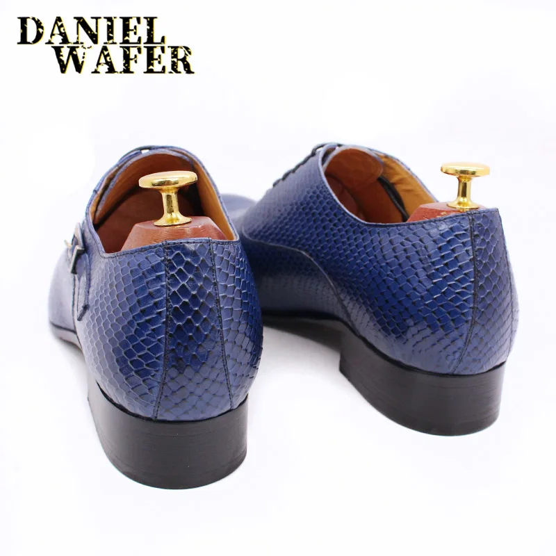 Men's Fashion Dress Leather Shoes Snake Skin Print Classic Lace-Up Oxford Formal in Wine Blue Coffee Black - Pointed Toe