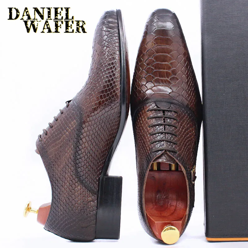 Men's Fashion Dress Leather Shoes Snake Skin Print Classic Lace-Up Oxford Formal in Wine Blue Coffee Black - Pointed Toe
