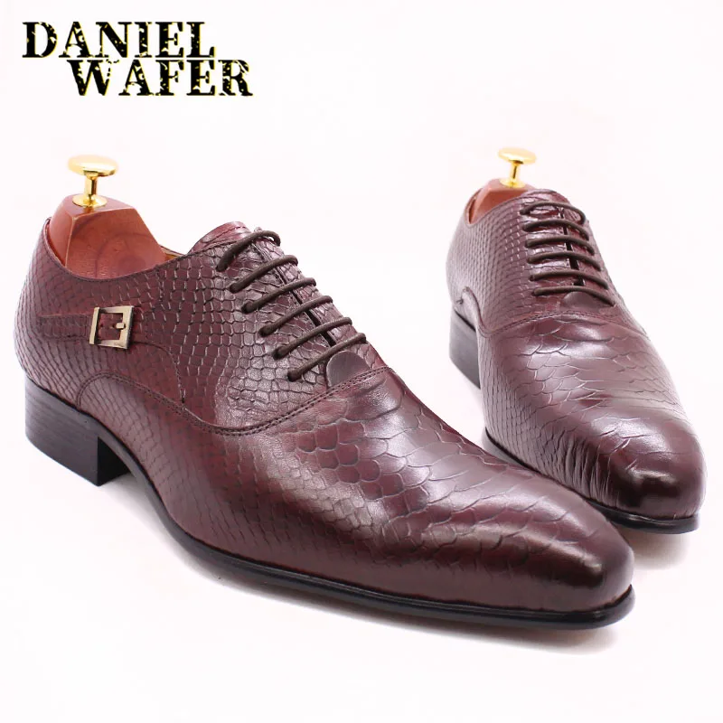 Men's Fashion Dress Leather Shoes Snake Skin Print Classic Lace-Up Oxford Formal in Wine Blue Coffee Black - Pointed Toe
