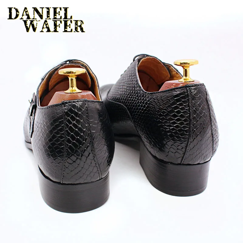 Men's Fashion Dress Leather Shoes Snake Skin Print Classic Lace-Up Oxford Formal in Wine Blue Coffee Black - Pointed Toe