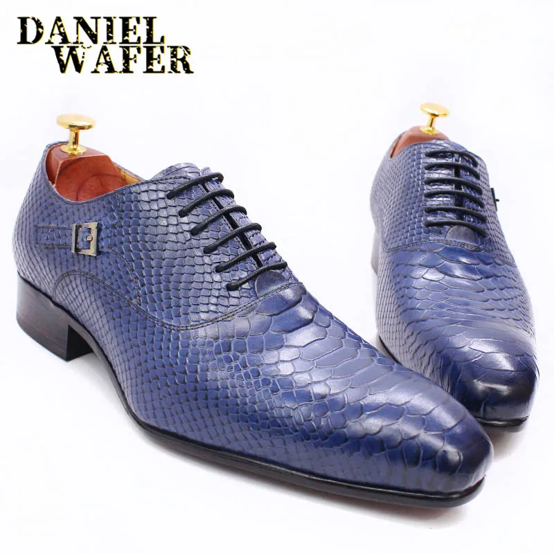 Men's Fashion Dress Leather Shoes Snake Skin Print Classic Lace-Up Oxford Formal in Wine Blue Coffee Black - Pointed Toe