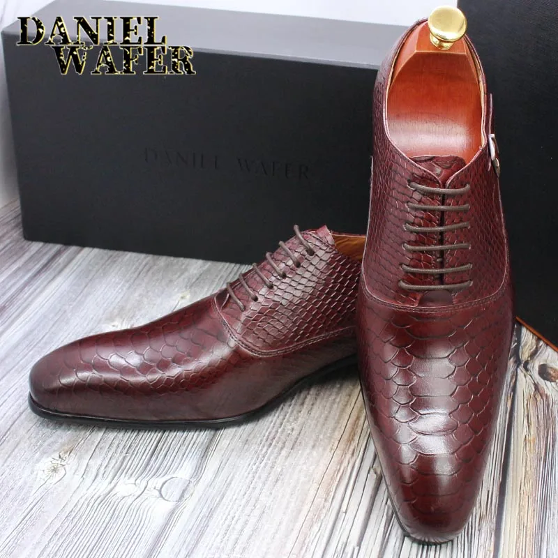 Men's Fashion Dress Leather Shoes Snake Skin Print Classic Lace-Up Oxford Formal in Wine Blue Coffee Black - Pointed Toe