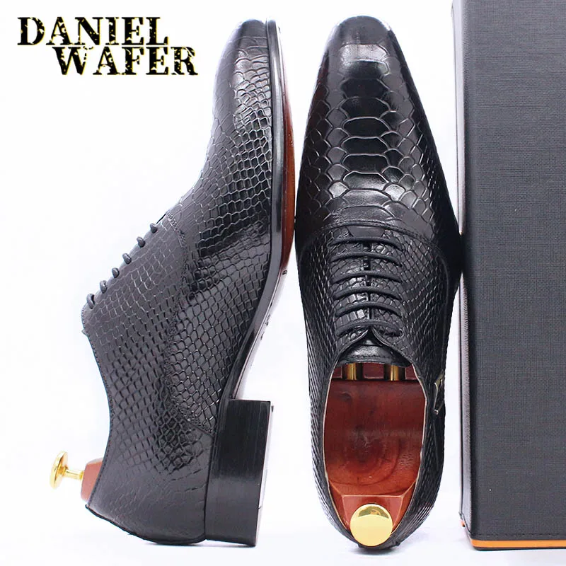Men's Fashion Dress Leather Shoes Snake Skin Print Classic Lace-Up Oxford Formal in Wine Blue Coffee Black - Pointed Toe