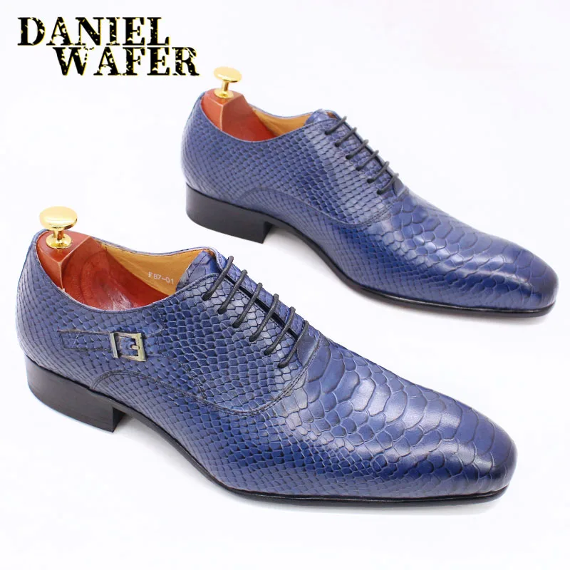 Men's Fashion Dress Leather Shoes Snake Skin Print Classic Lace-Up Oxford Formal in Wine Blue Coffee Black - Pointed Toe