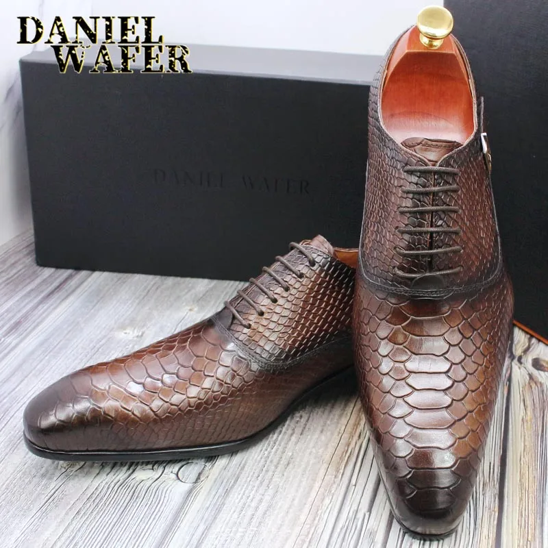 Men's Fashion Dress Leather Shoes Snake Skin Print Classic Lace-Up Oxford Formal in Wine Blue Coffee Black - Pointed Toe