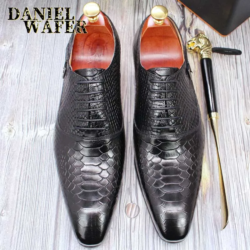 Men's Fashion Dress Leather Shoes Snake Skin Print Classic Lace-Up Oxford Formal in Wine Blue Coffee Black - Pointed Toe