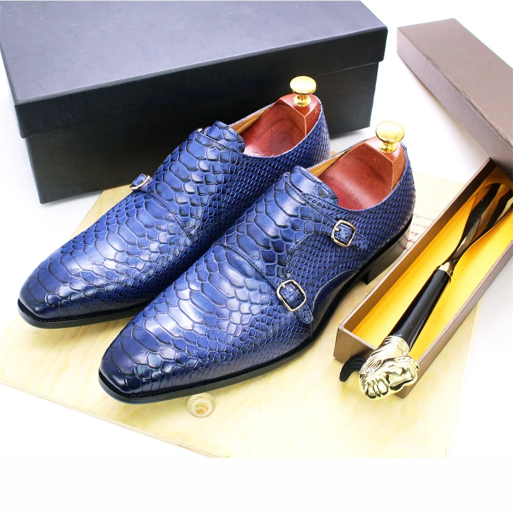 Men's Fashion Dress Leather Shoes Snake Skin Print Classic Lace-Up Oxford Formal in Wine Blue Coffee Black - Pointed Toe