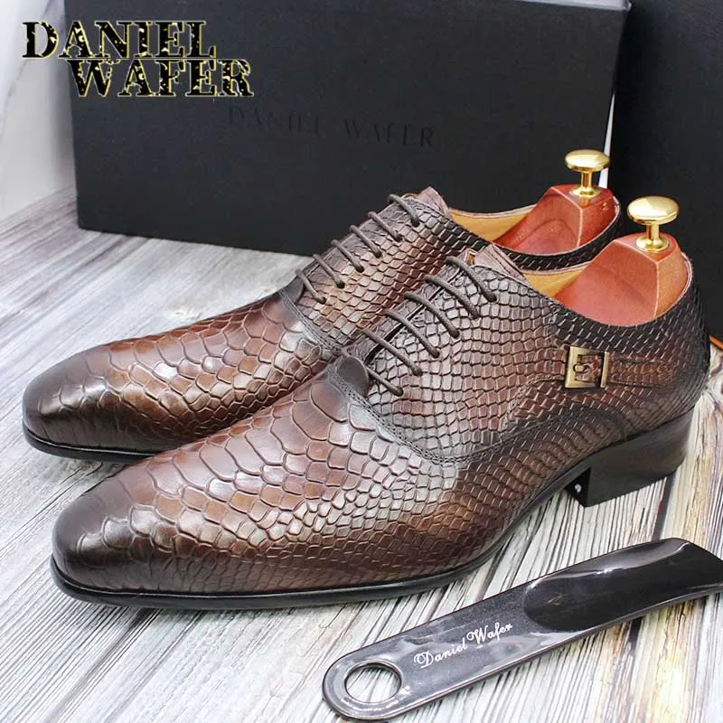 Men's Fashion Dress Leather Shoes Snake Skin Print Classic Lace-Up Oxford Formal in Wine Blue Coffee Black - Pointed Toe