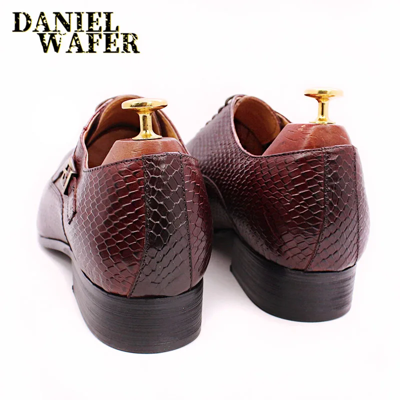 Men's Fashion Dress Leather Shoes Snake Skin Print Classic Lace-Up Oxford Formal in Wine Blue Coffee Black - Pointed Toe