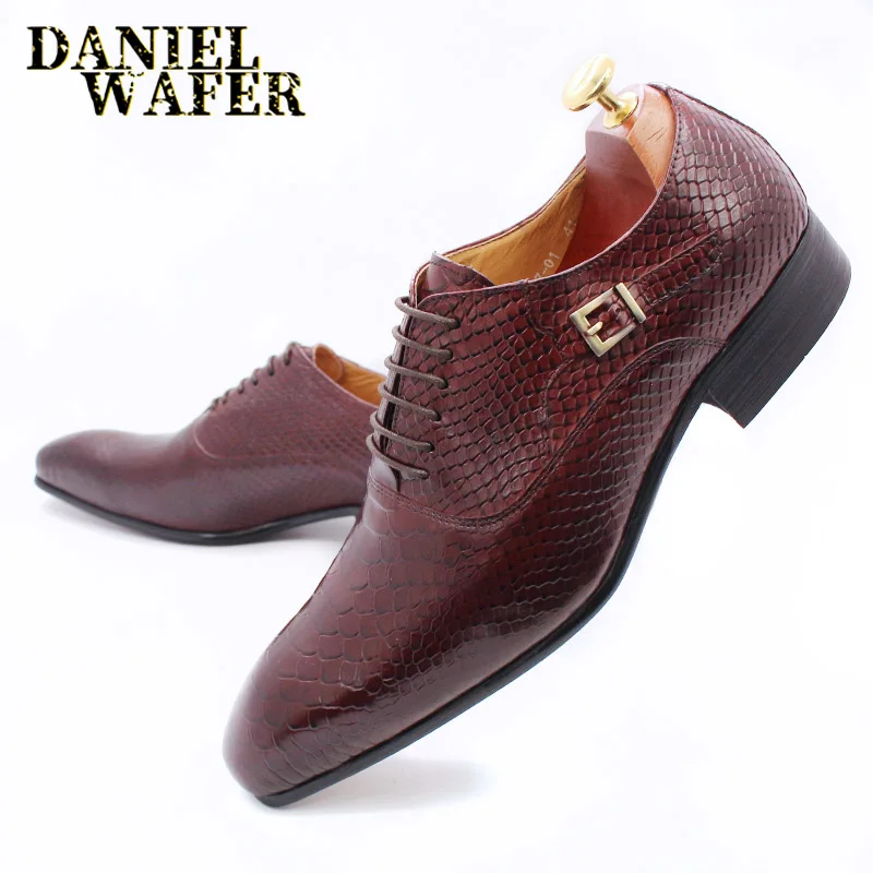 Men's Fashion Dress Leather Shoes Snake Skin Print Classic Lace-Up Oxford Formal in Wine Blue Coffee Black - Pointed Toe