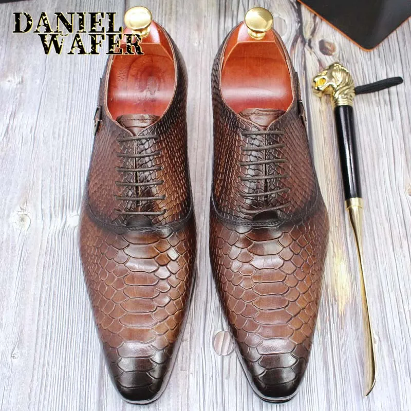 Men's Fashion Dress Leather Shoes Snake Skin Print Classic Lace-Up Oxford Formal in Wine Blue Coffee Black - Pointed Toe