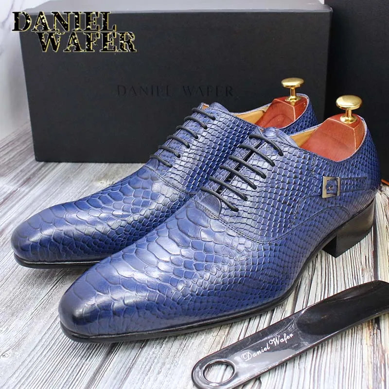 Men's Fashion Dress Leather Shoes Snake Skin Print Classic Lace-Up Oxford Formal in Wine Blue Coffee Black - Pointed Toe