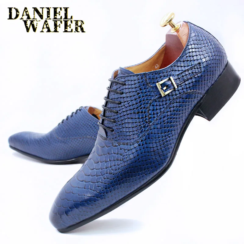 Men's Fashion Dress Leather Shoes Snake Skin Print Classic Lace-Up Oxford Formal in Wine Blue Coffee Black - Pointed Toe