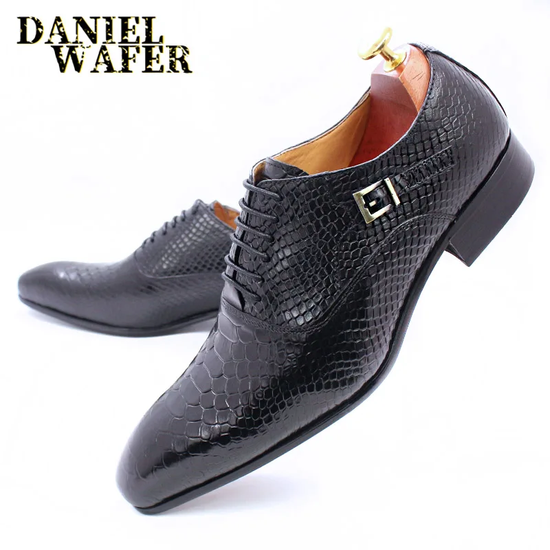 Men's Fashion Dress Leather Shoes Snake Skin Print Classic Lace-Up Oxford Formal in Wine Blue Coffee Black - Pointed Toe