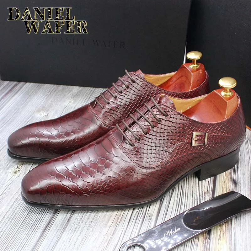Men's Fashion Dress Leather Shoes Snake Skin Print Classic Lace-Up Oxford Formal in Wine Blue Coffee Black - Pointed Toe