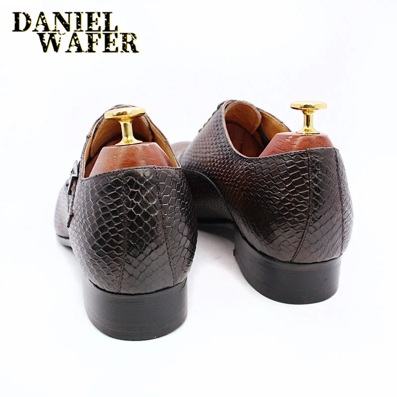 Men's Fashion Dress Leather Shoes Snake Skin Print Classic Lace-Up Oxford Formal in Wine Blue Coffee Black - Pointed Toe