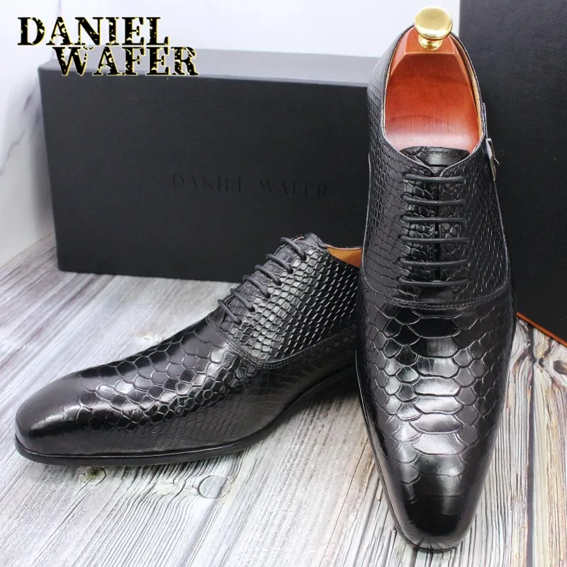 Men's Fashion Dress Leather Shoes Snake Skin Print Classic Lace-Up Oxford Formal in Wine Blue Coffee Black - Pointed Toe