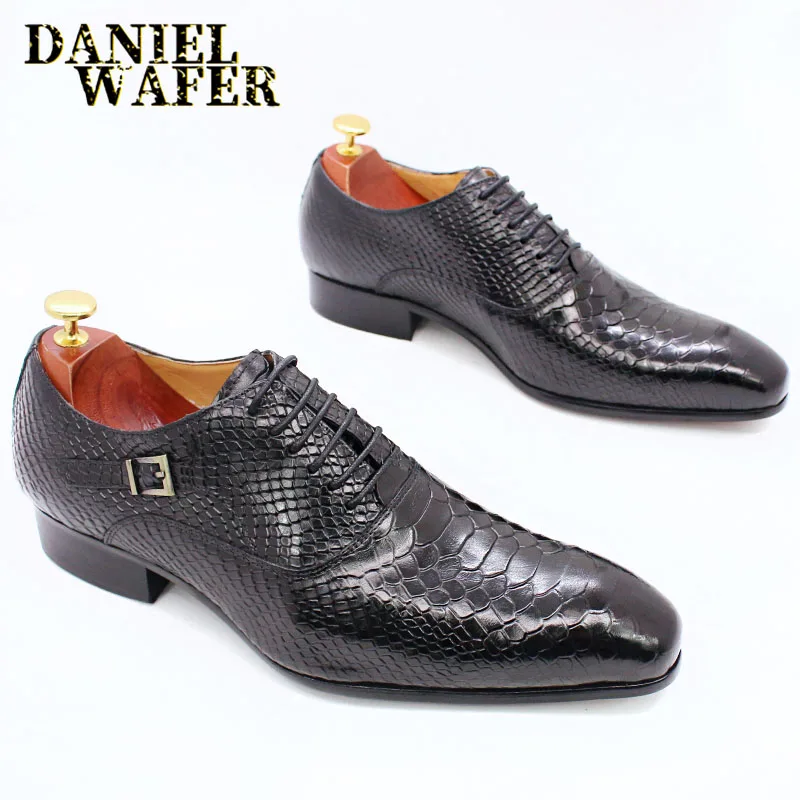 Men's Fashion Dress Leather Shoes Snake Skin Print Classic Lace-Up Oxford Formal in Wine Blue Coffee Black - Pointed Toe